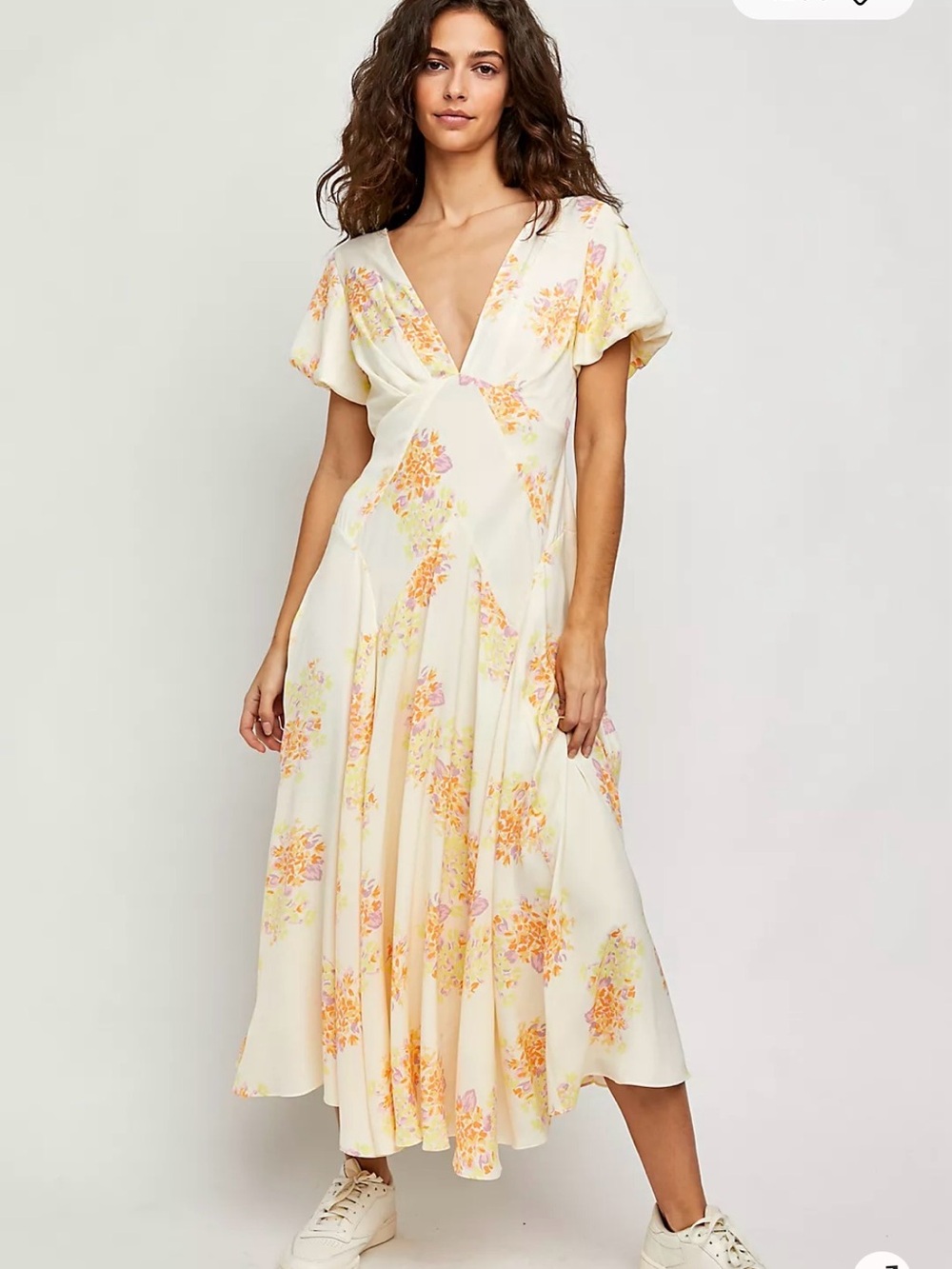 Free People Laura Printed Midi Dress Tea Combo Floral Open Back  L Boho EUC
